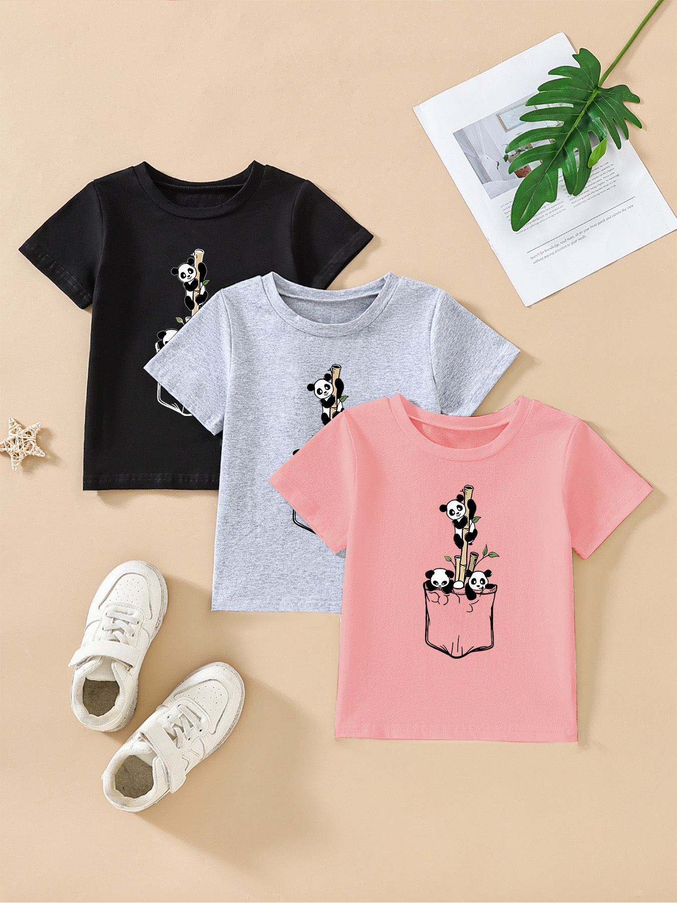 3pcs Cute Panda Print Short Sleeve T-Shirt Set