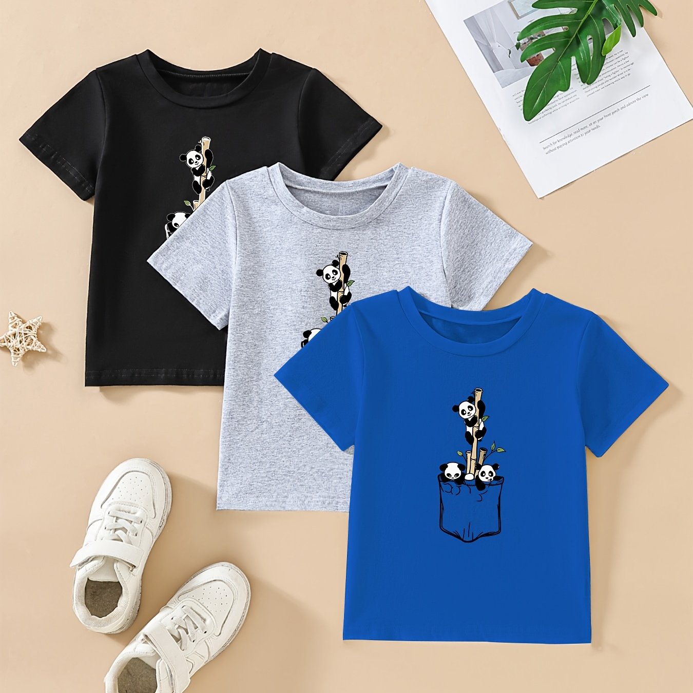 3pcs Cute Panda Print Short Sleeve T-Shirt Set