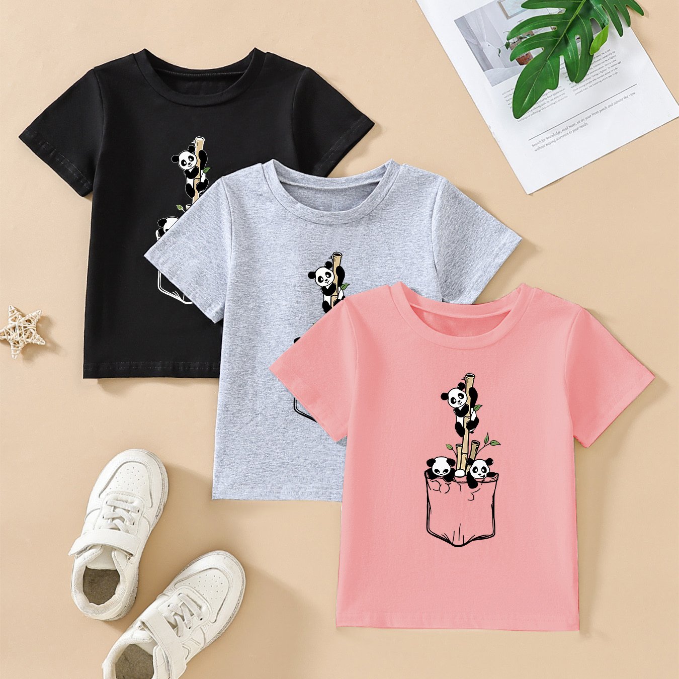 3pcs Cute Panda Print Short Sleeve T-Shirt Set