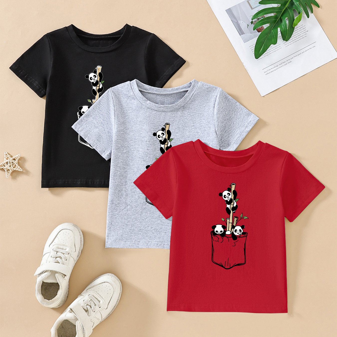3pcs Cute Panda Print Short Sleeve T-Shirt Set