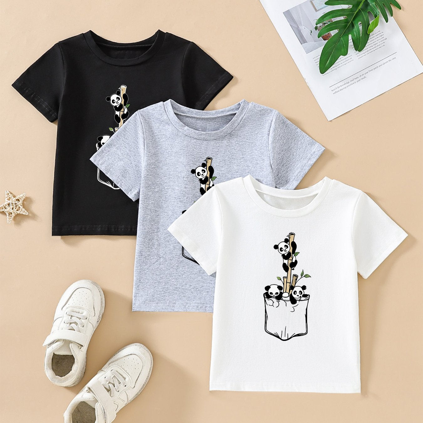 3pcs Cute Panda Print Short Sleeve T-Shirt Set