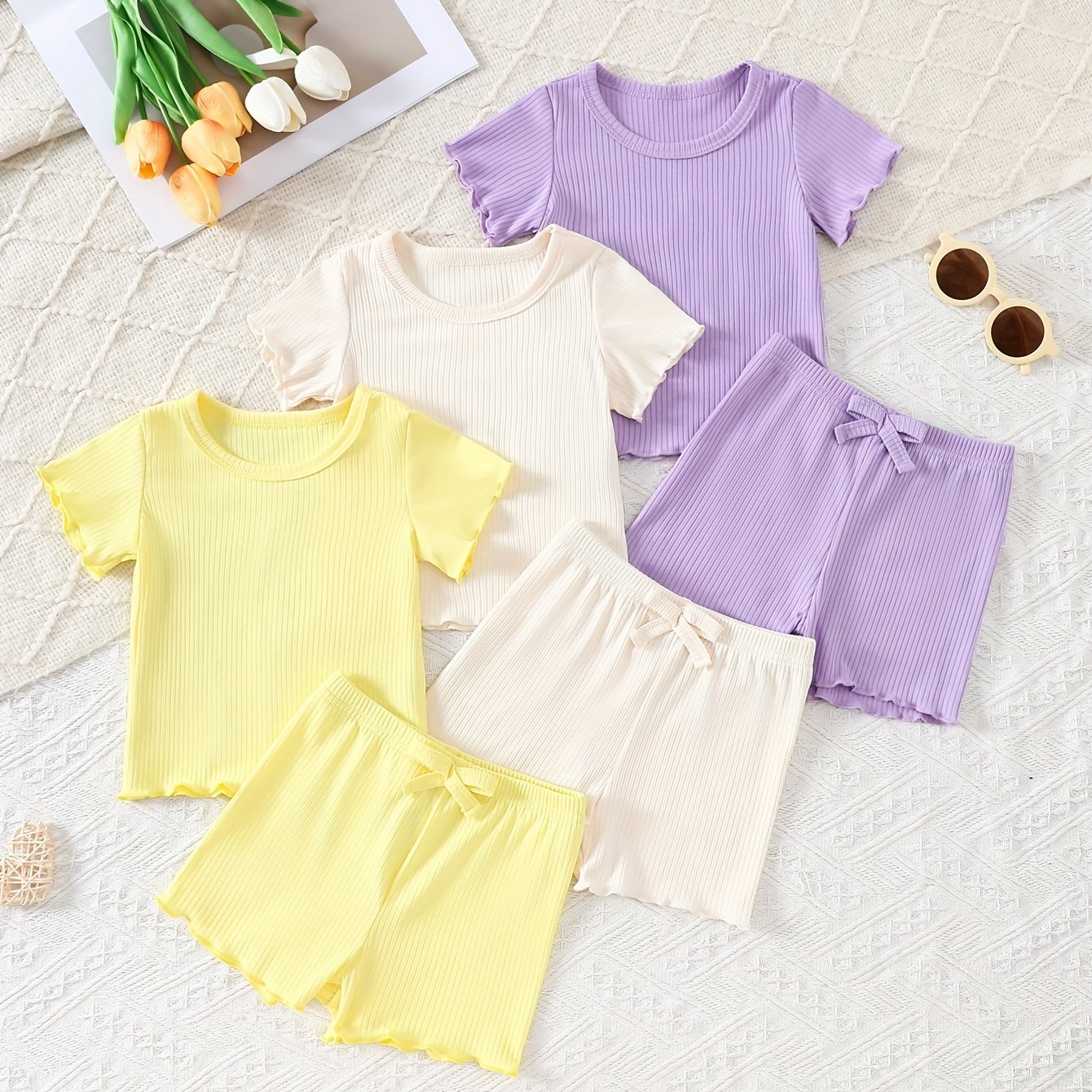 3pcs Set of Girls' Short-Sleeved T-Shirt And Wavy Shorts