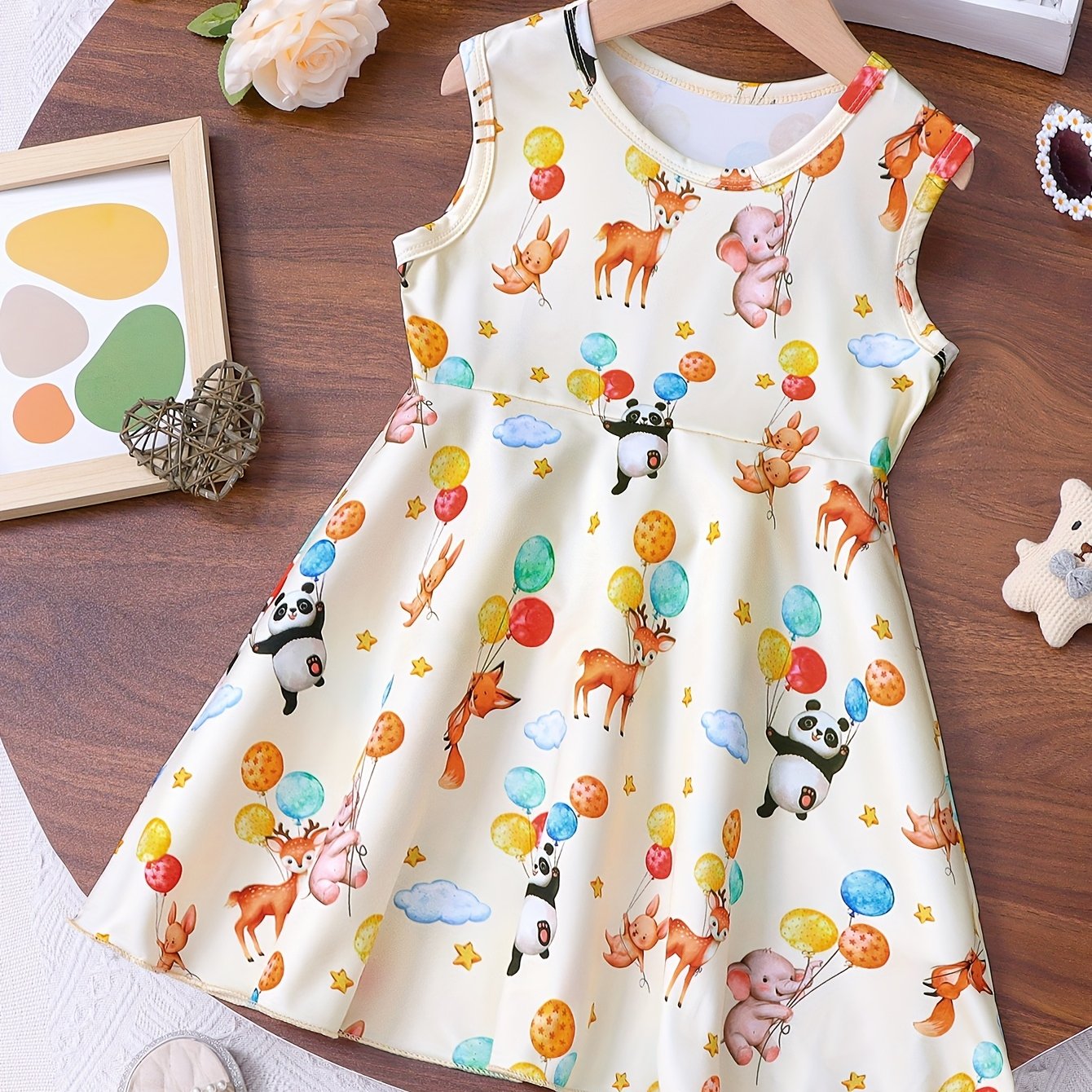 Adorable Cartoon Animal Balloon Print Sleeveless Round Neck Flared Hem Dress