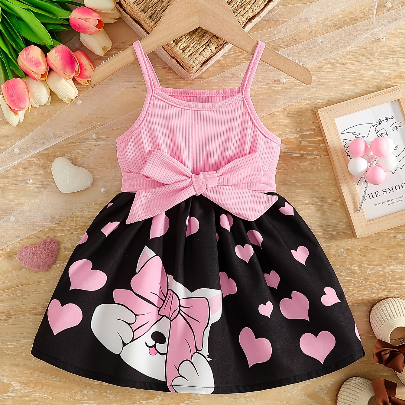 Adorable Cartoon Cat Print Sleeveless Dress for Girls