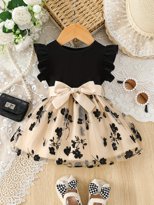 Adorable Black Floral Mesh Dress with Ruffled Sleeves & Beige Tulle Skirt for Little Girls