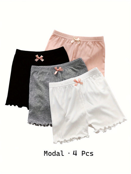 4pcs, Solid Color Frill Trim Bow Decor Shorts For Girls