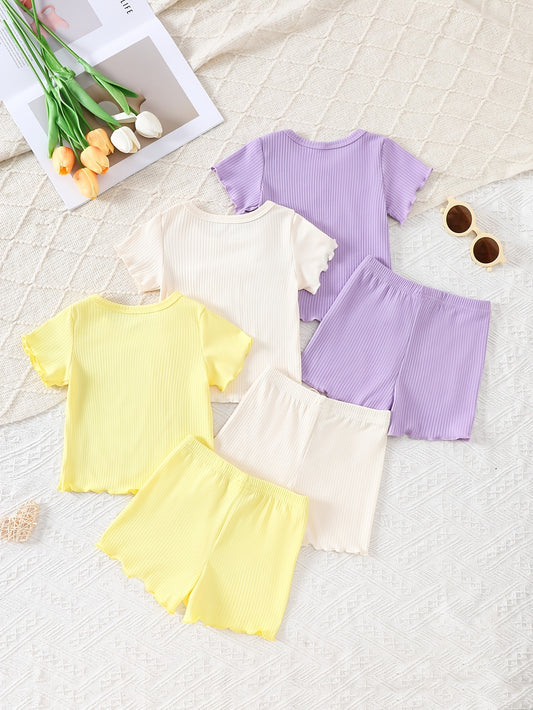 3pcs Set of Girls' Short-Sleeved T-Shirt And Wavy Shorts