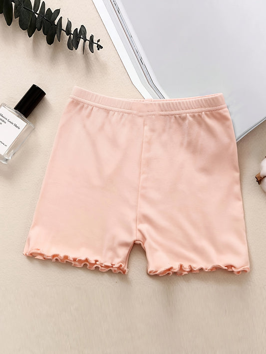 4pcs, Solid Color Frill Trim Bow Decor Shorts For Girls