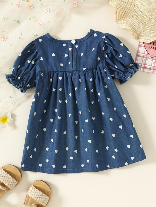 Adorable Girl'S Denim Dress with Heart & Floral Embroidery