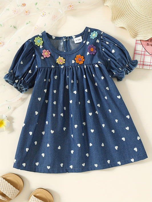 Adorable Girl'S Denim Dress with Heart & Floral Embroidery