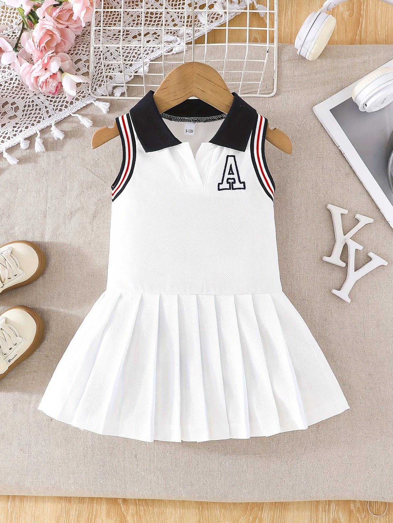 A Pleated Dress for Baby Girls with Letter Embroidery