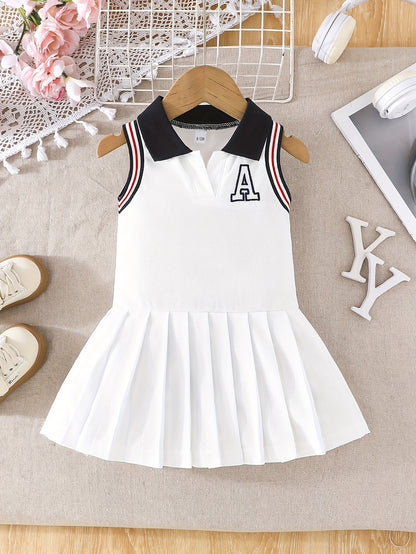 A Pleated Dress for Baby Girls with Letter Embroidery