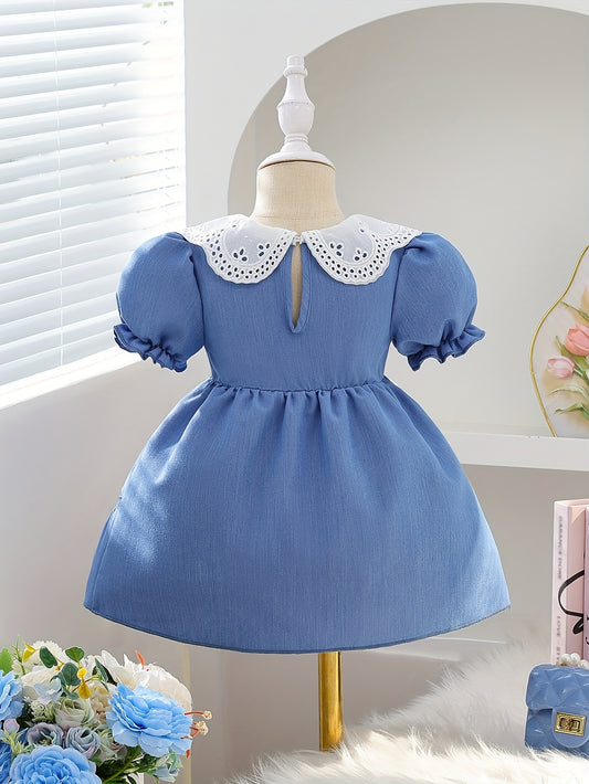 Adorable Blue Ruffled Dress with White Bows & Lace Collar