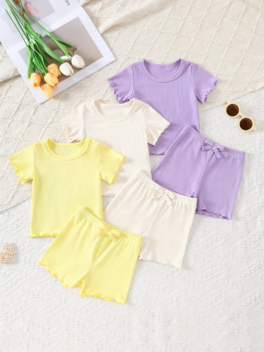 3pcs Set of Girls' Short-Sleeved T-Shirt And Wavy Shorts