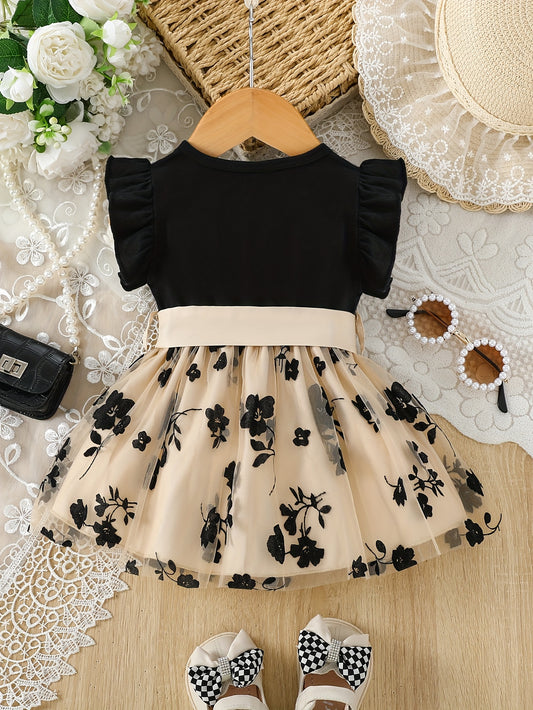 Adorable Black Floral Mesh Dress with Ruffled Sleeves & Beige Tulle Skirt for Little Girls