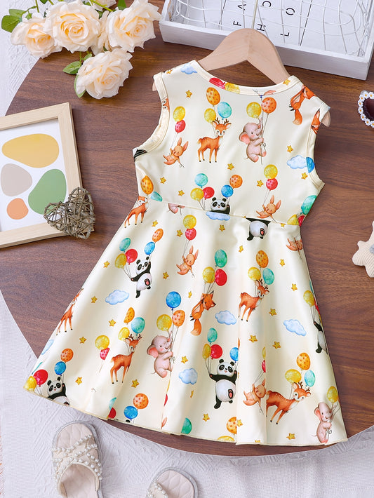 Adorable Cartoon Animal Balloon Print Sleeveless Round Neck Flared Hem Dress