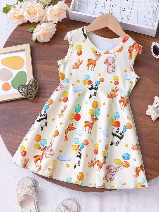 Adorable Cartoon Animal Balloon Print Sleeveless Round Neck Flared Hem Dress