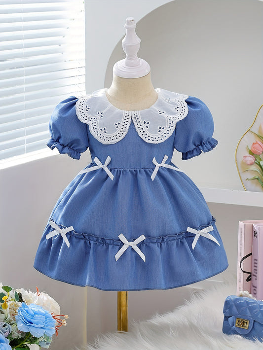 Adorable Blue Ruffled Dress with White Bows & Lace Collar
