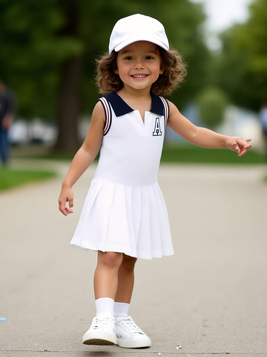 A Pleated Dress for Baby Girls with Letter Embroidery