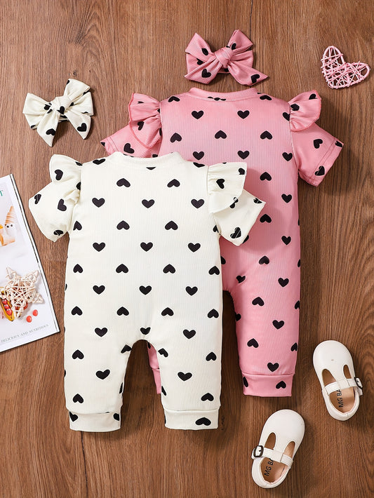 2pcs Girls' Heart Print Ruffle Romper Set with Matching Headband
